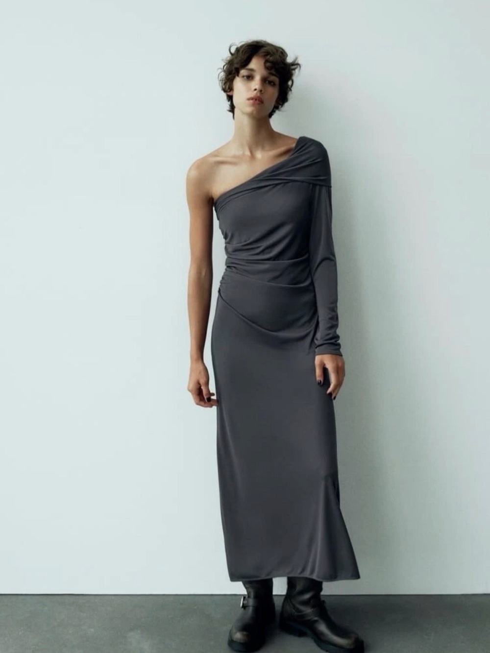NWT ZARA Grey Rouched Dress Sz L